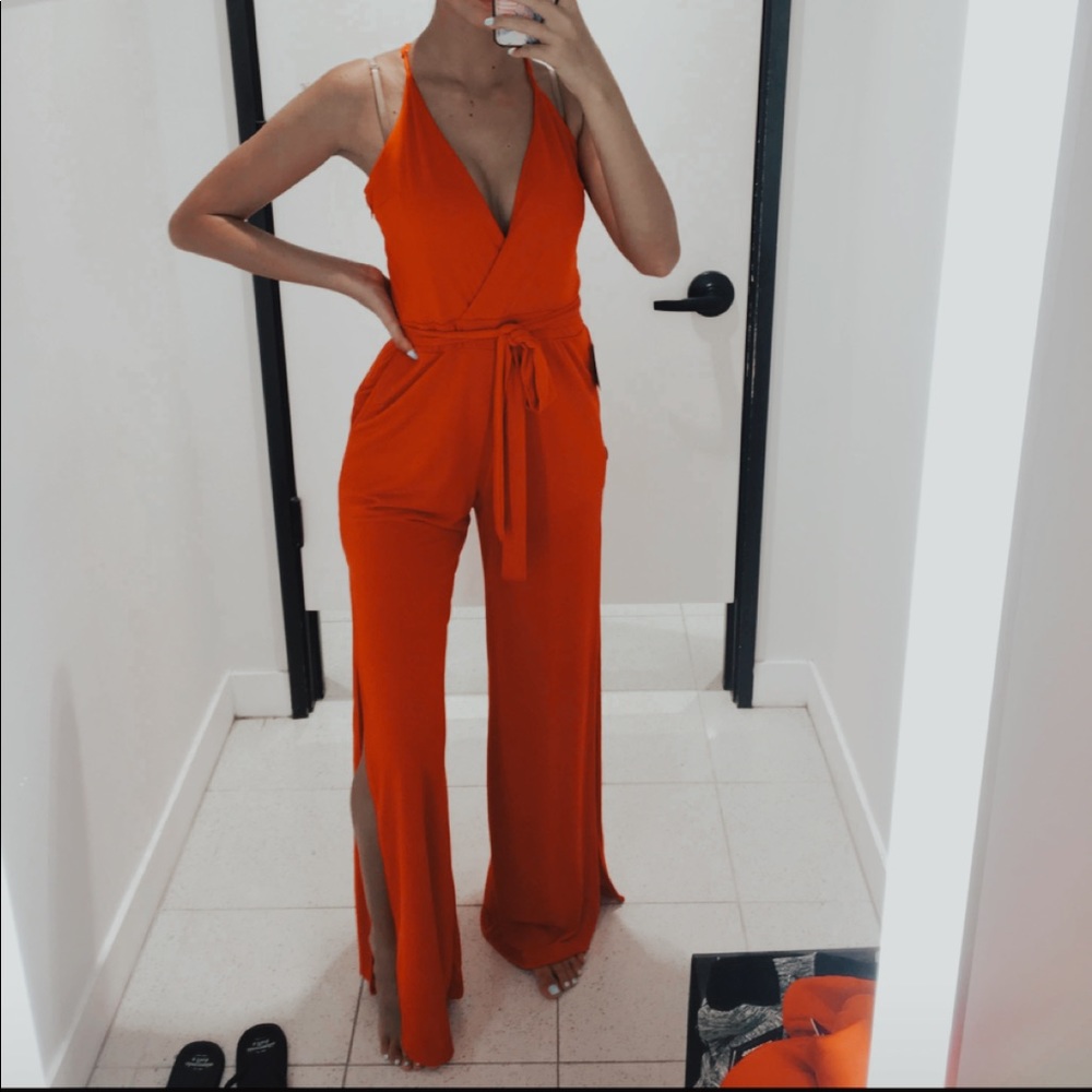 Express Red Jumpsuit with Side Slit and Belt